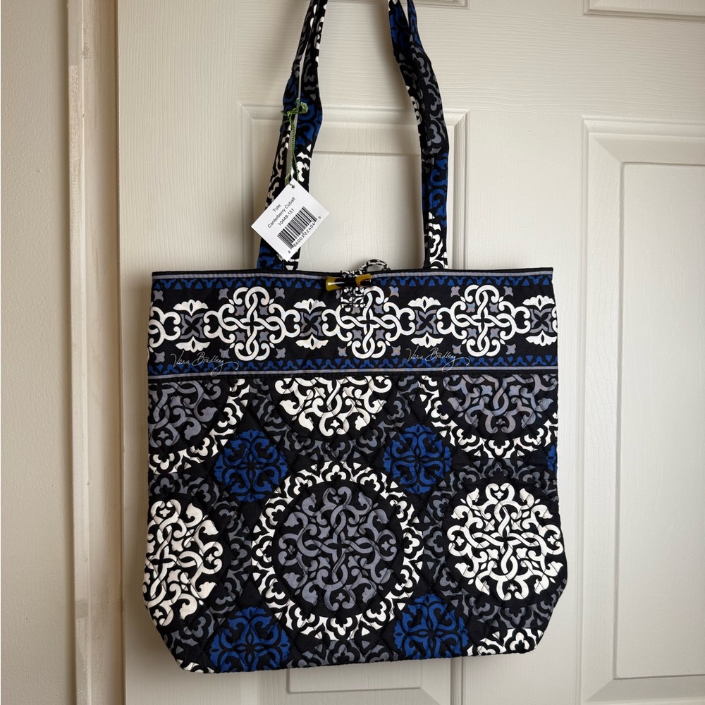 NWT Vera Bradley Tote Canterberry Cobalt Blue Black White Quilted Purse Bag